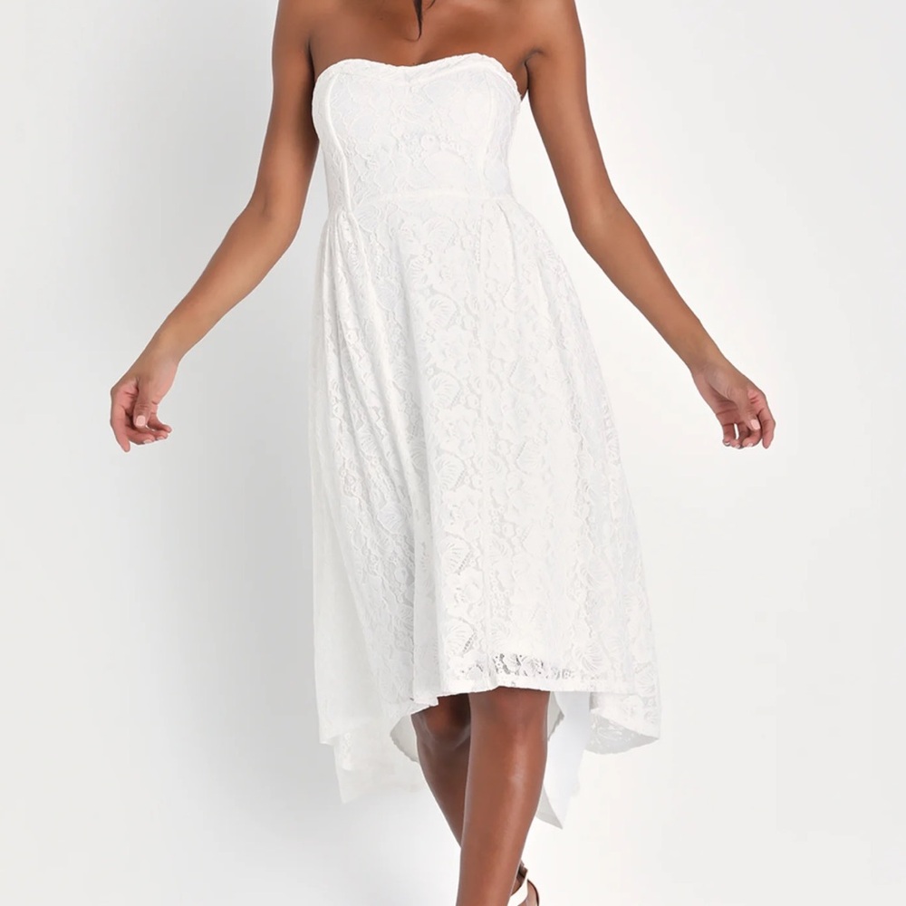 Lulus Curated Charm White Lace Strapless Bustier High-Low Dress - Picture 9 of 9